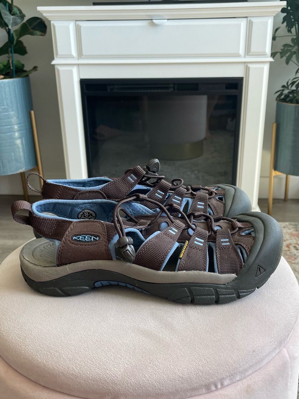 KEEN Newport Hydro Sandals in Mulch (Brown) and Quiet Harbour (Blue)